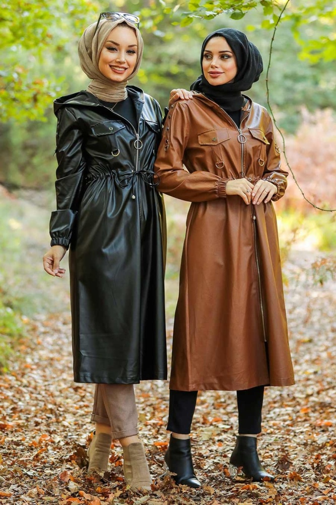 Neva Style - Fermuarlı Siyah Tesettür Deri Kap 6775S - 5