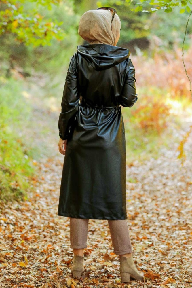 Neva Style - Fermuarlı Siyah Tesettür Deri Kap 6775S - 6