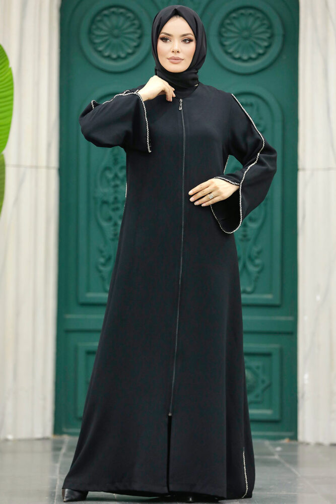 Neva Style - Fermuarlı Siyah Tesettür Ferace 10509S - 2