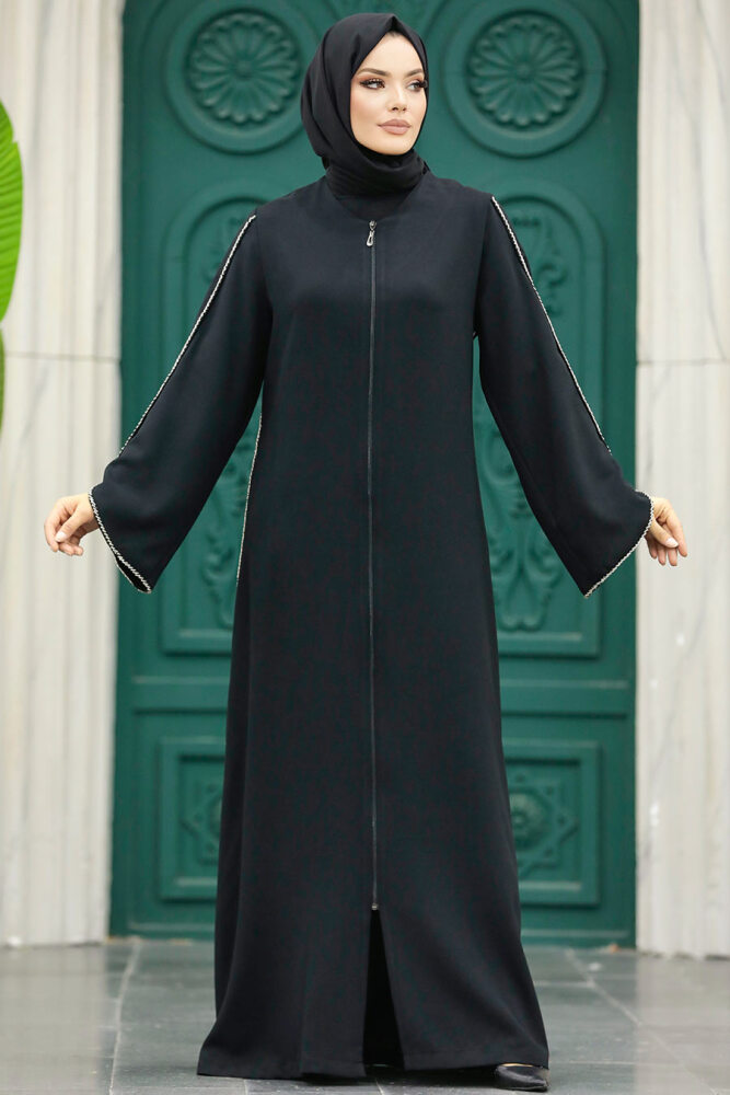 Neva Style - Fermuarlı Siyah Tesettür Ferace 10509S - 1