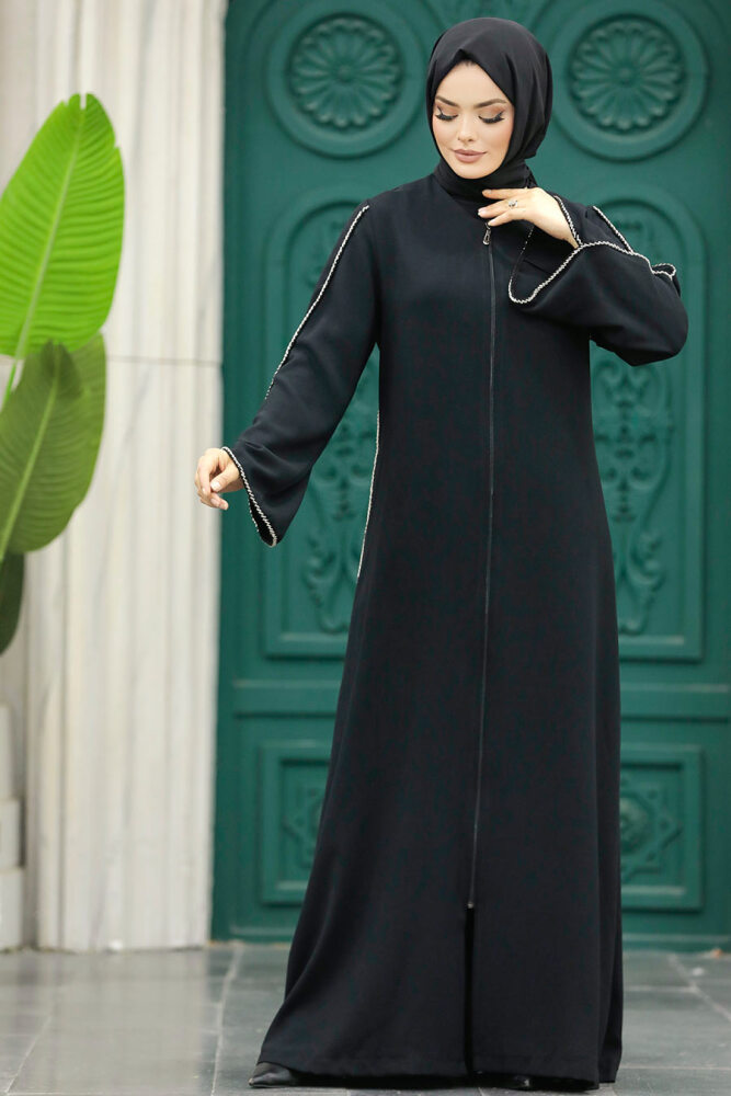 Neva Style - Fermuarlı Siyah Tesettür Ferace 10509S - 3