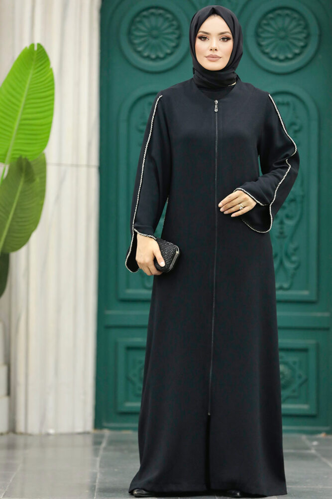Neva Style - Fermuarlı Siyah Tesettür Ferace 10509S - 4
