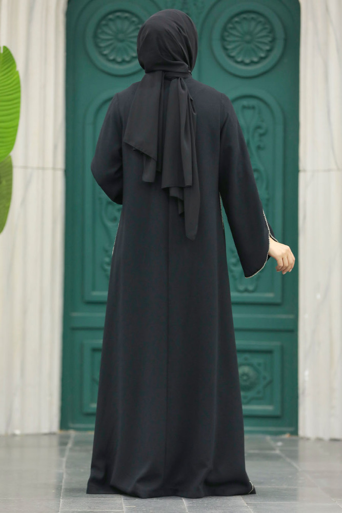 Neva Style - Fermuarlı Siyah Tesettür Ferace 10509S - 5