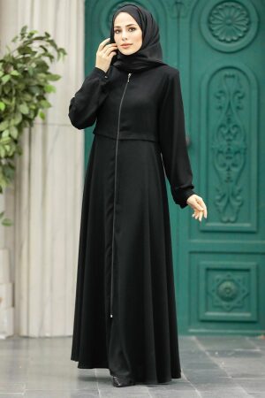  Fermuarlı Siyah Tesettür Ferace 1102S - 4