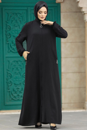 Neva Style - Fermuarlı Siyah Tesettür Ferace 11070S - 2