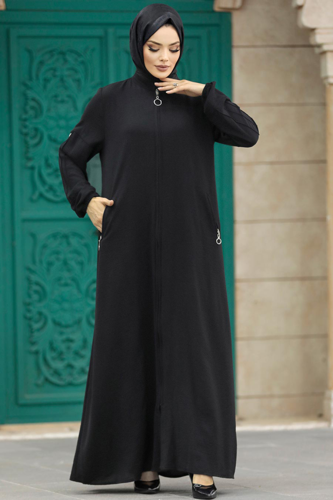 Neva Style - Fermuarlı Siyah Tesettür Ferace 11070S - 2