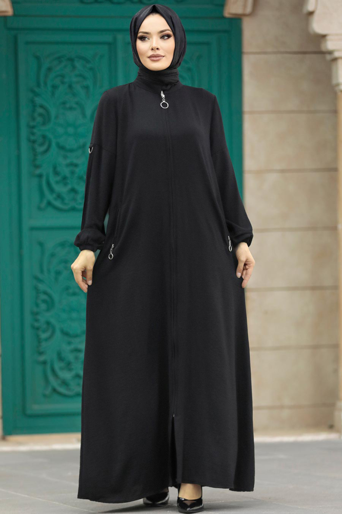 Neva Style - Fermuarlı Siyah Tesettür Ferace 11070S - 1