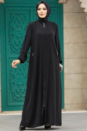 Neva Style - Fermuarlı Siyah Tesettür Ferace 11070S - 3