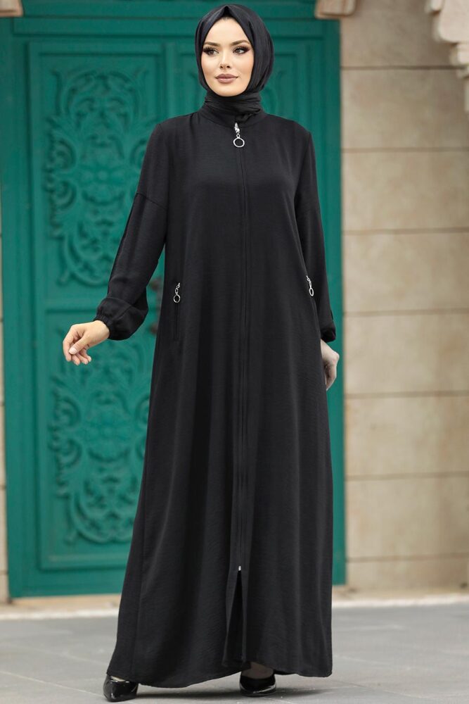 Neva Style - Fermuarlı Siyah Tesettür Ferace 11070S - 3