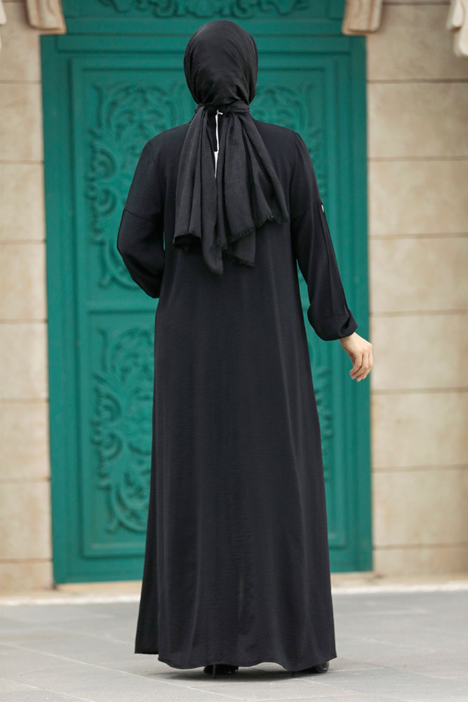 Neva Style - Fermuarlı Siyah Tesettür Ferace 11070S - 4