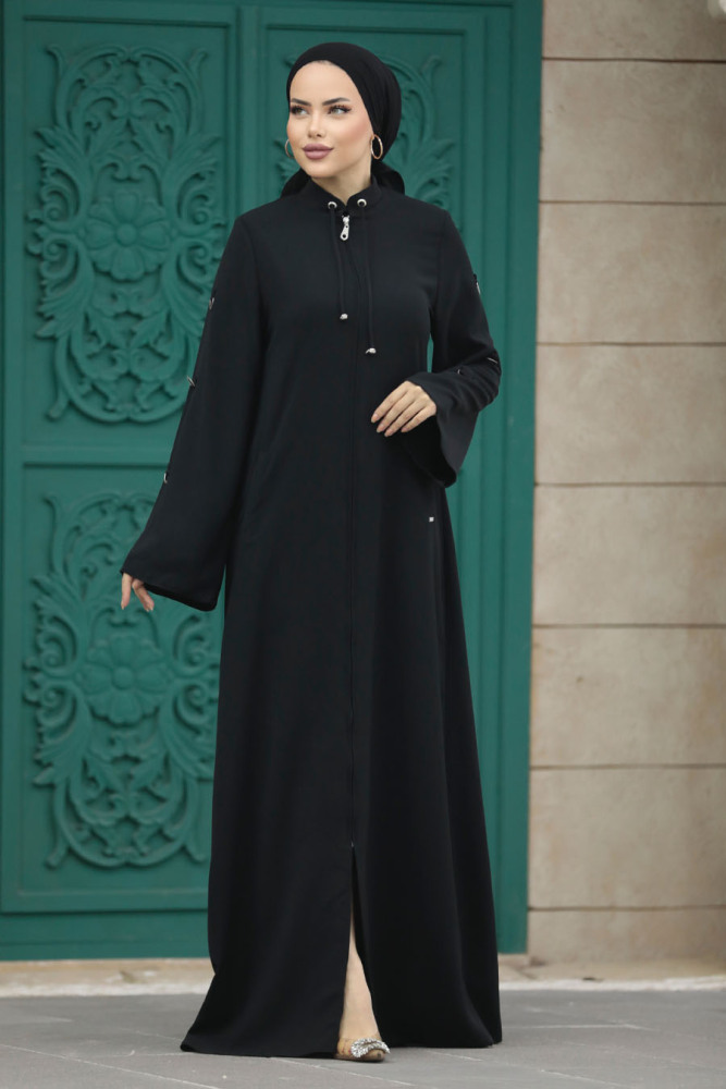 Neva Style - Fermuarlı Siyah Tesettür Ferace 20030S - 2