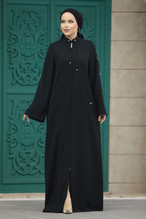 Neva Style - Fermuarlı Siyah Tesettür Ferace 20030S - 1