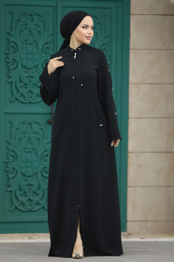 Neva Style - Fermuarlı Siyah Tesettür Ferace 20030S - 3