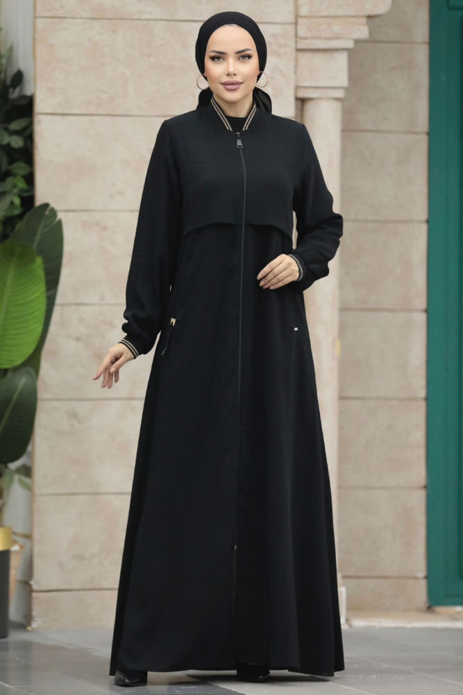 Neva Style - Fermuarlı Siyah Tesettür Ferace 20075S - 1