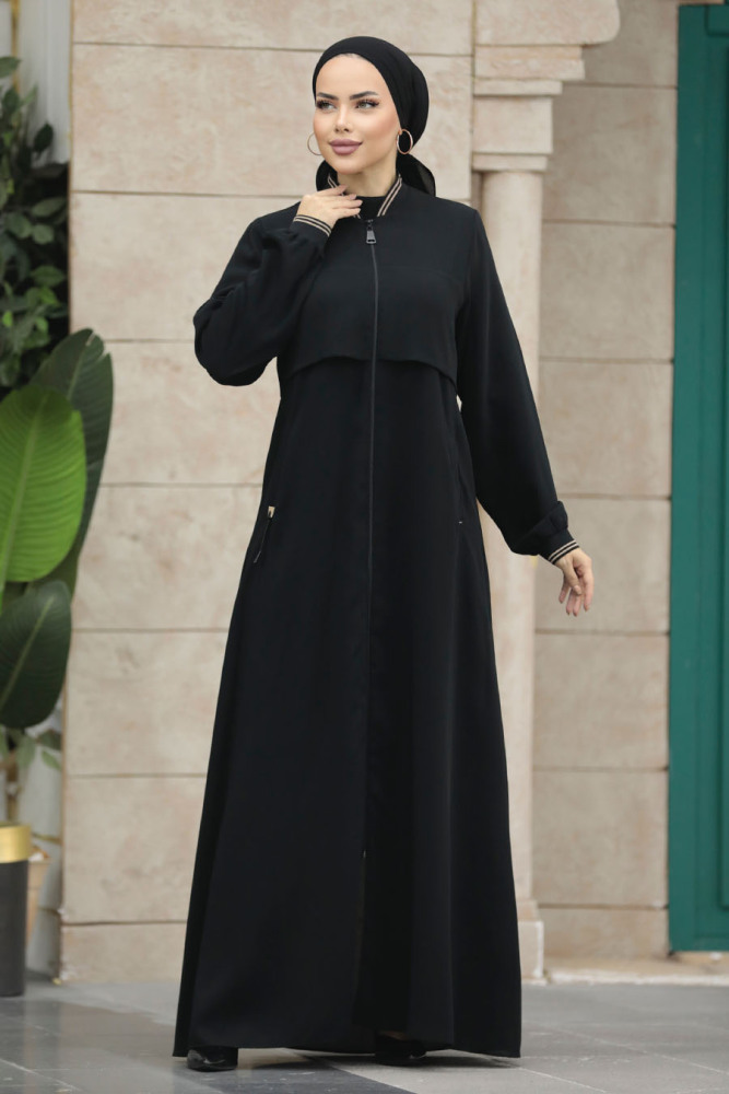 Neva Style - Fermuarlı Siyah Tesettür Ferace 20075S - 2