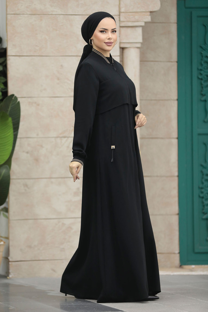 Neva Style - Fermuarlı Siyah Tesettür Ferace 20075S - 3