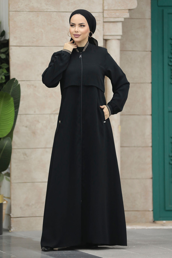 Neva Style - Fermuarlı Siyah Tesettür Ferace 20075S - 4