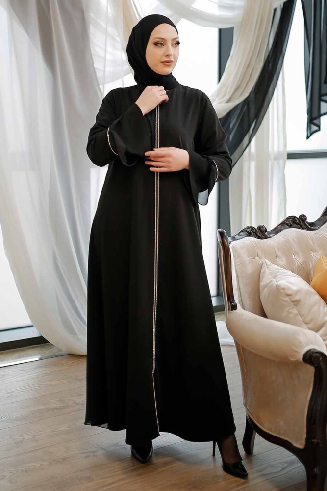 Neva Style - Fermuarlı Siyah Tesettür Ferace 349000S - 1