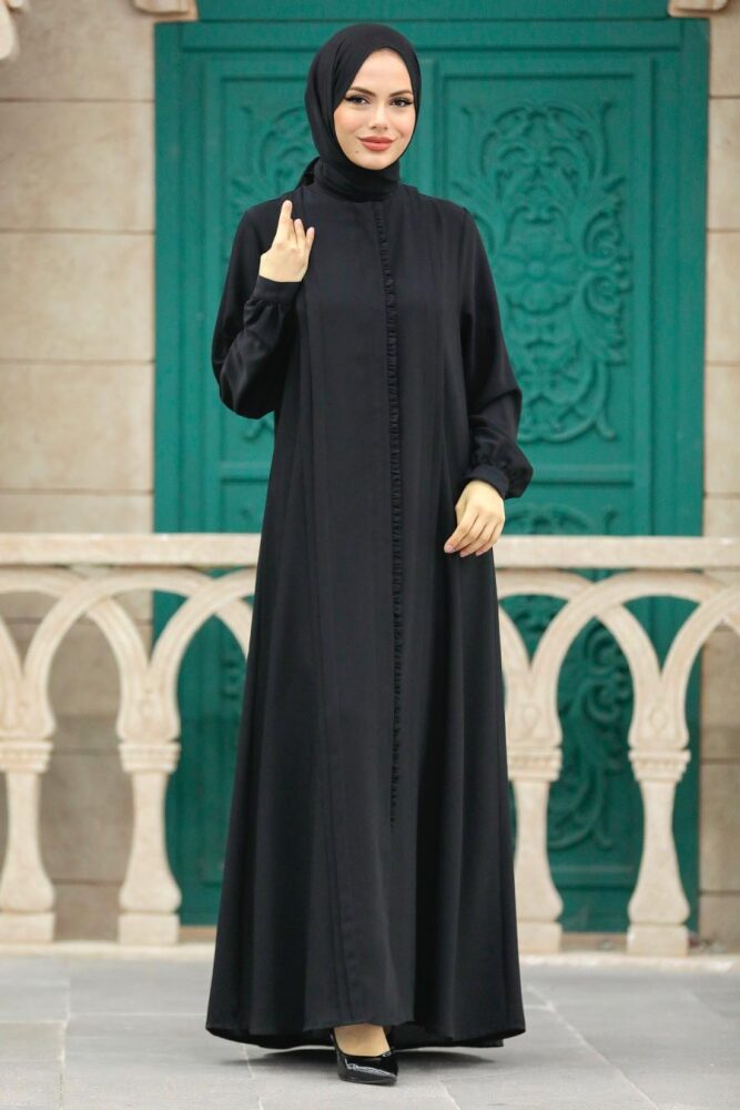 Neva Style - Fermuarlı Siyah Tesettür Ferace 349500S - 2