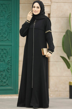 Neva Style - Fermuarlı Siyah Tesettür Ferace 35124S - 2