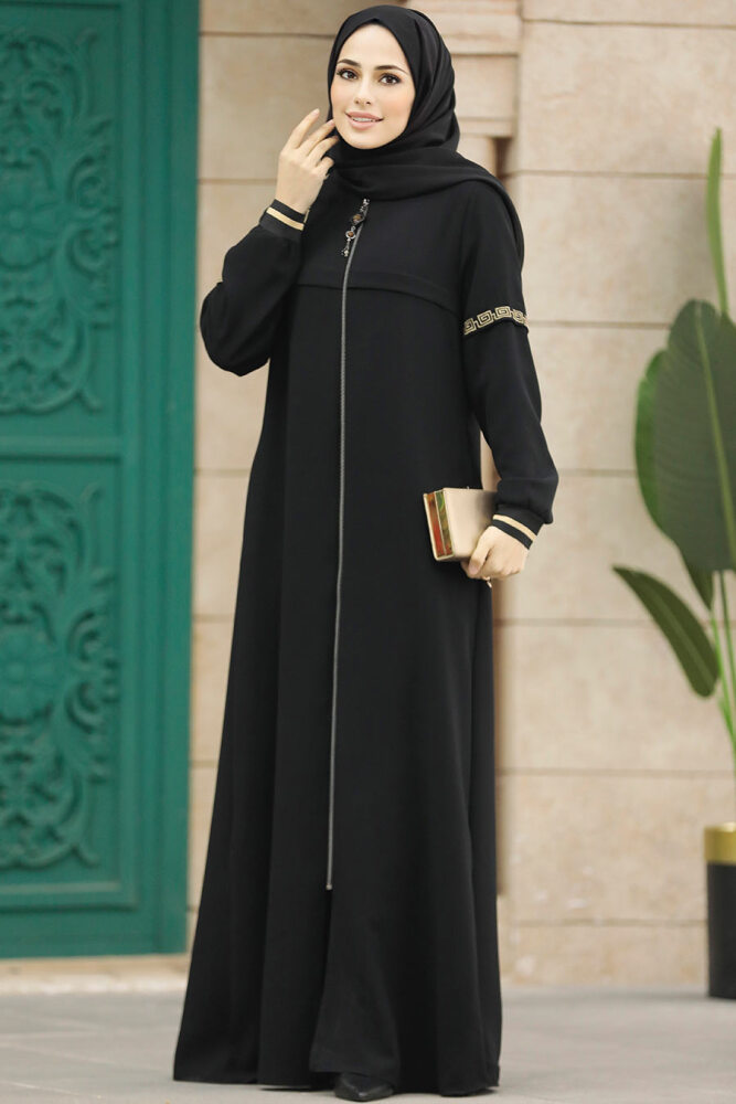Neva Style - Fermuarlı Siyah Tesettür Ferace 35124S - 2