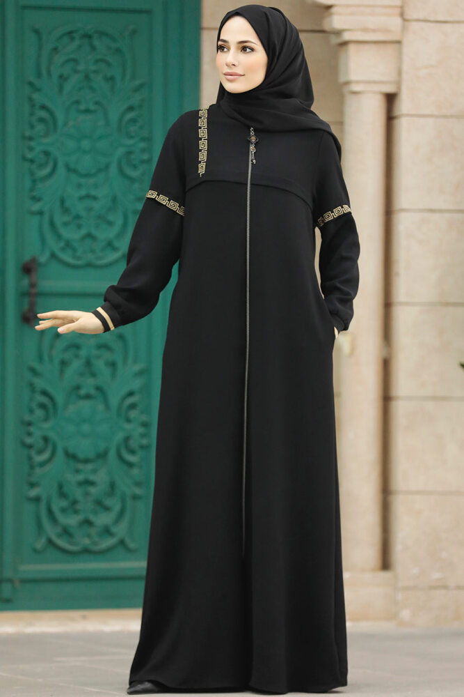 Neva Style - Fermuarlı Siyah Tesettür Ferace 35124S - 3