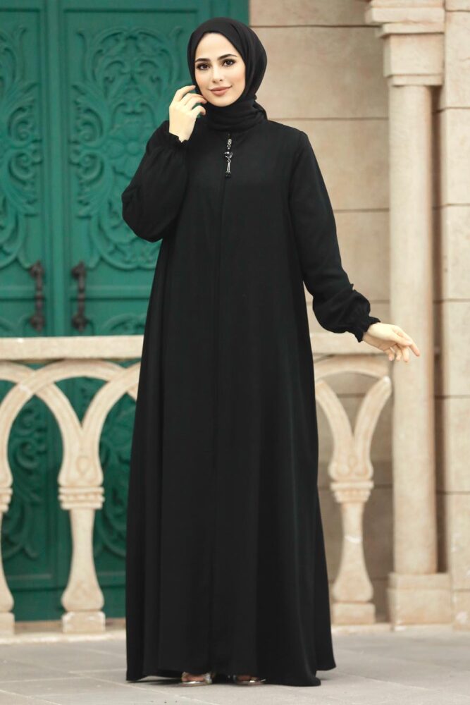 Neva Style - Fermuarlı Siyah Tesettür Ferace 35164S - 3