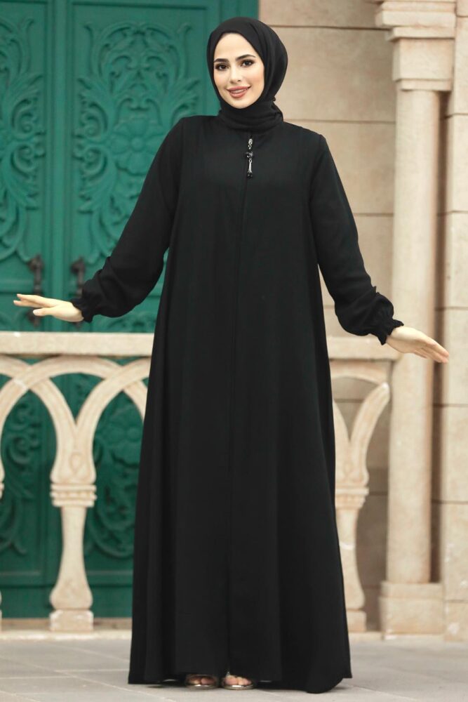 Neva Style - Fermuarlı Siyah Tesettür Ferace 35164S - 5