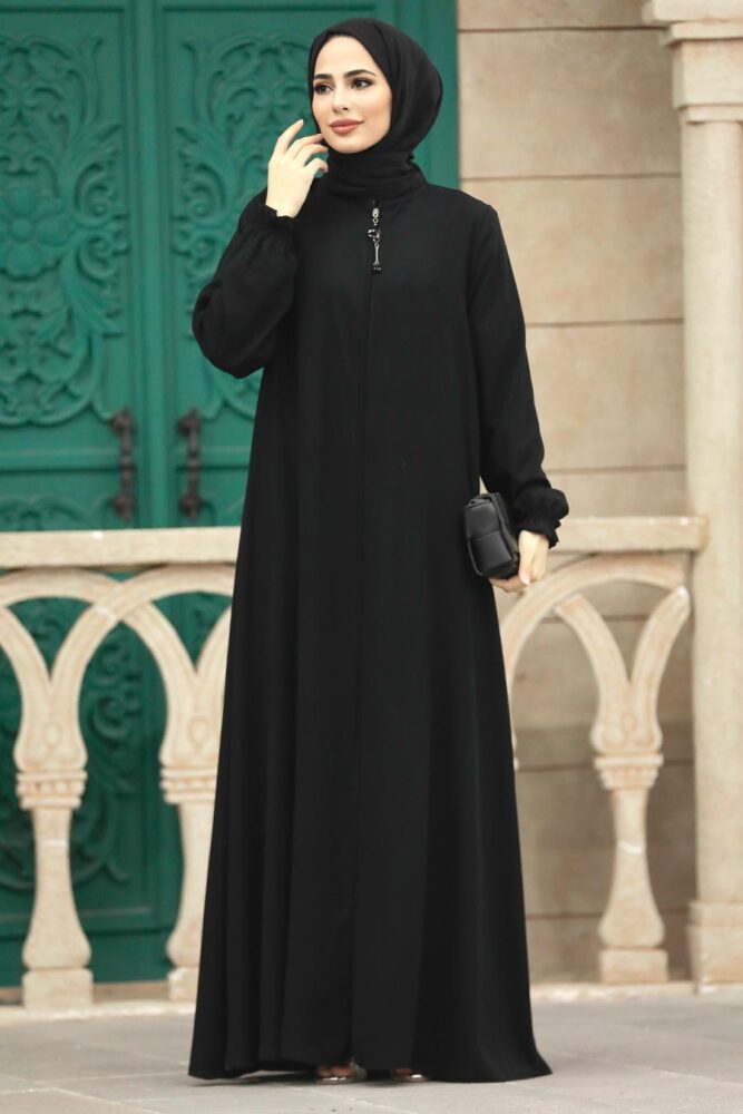 Neva Style - Fermuarlı Siyah Tesettür Ferace 35164S - 2
