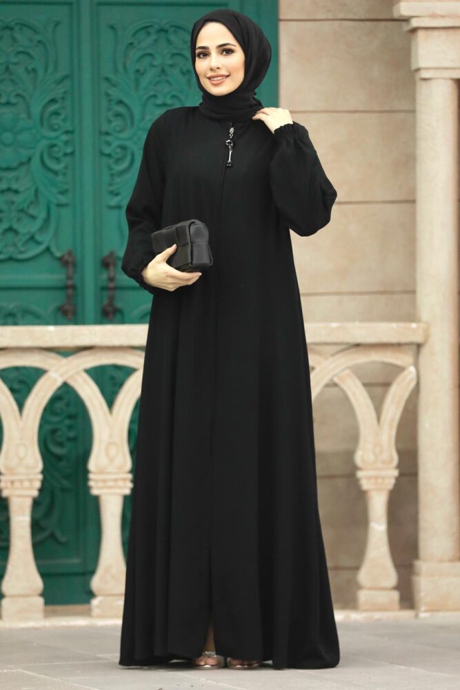 Neva Style - Fermuarlı Siyah Tesettür Ferace 35164S - 1