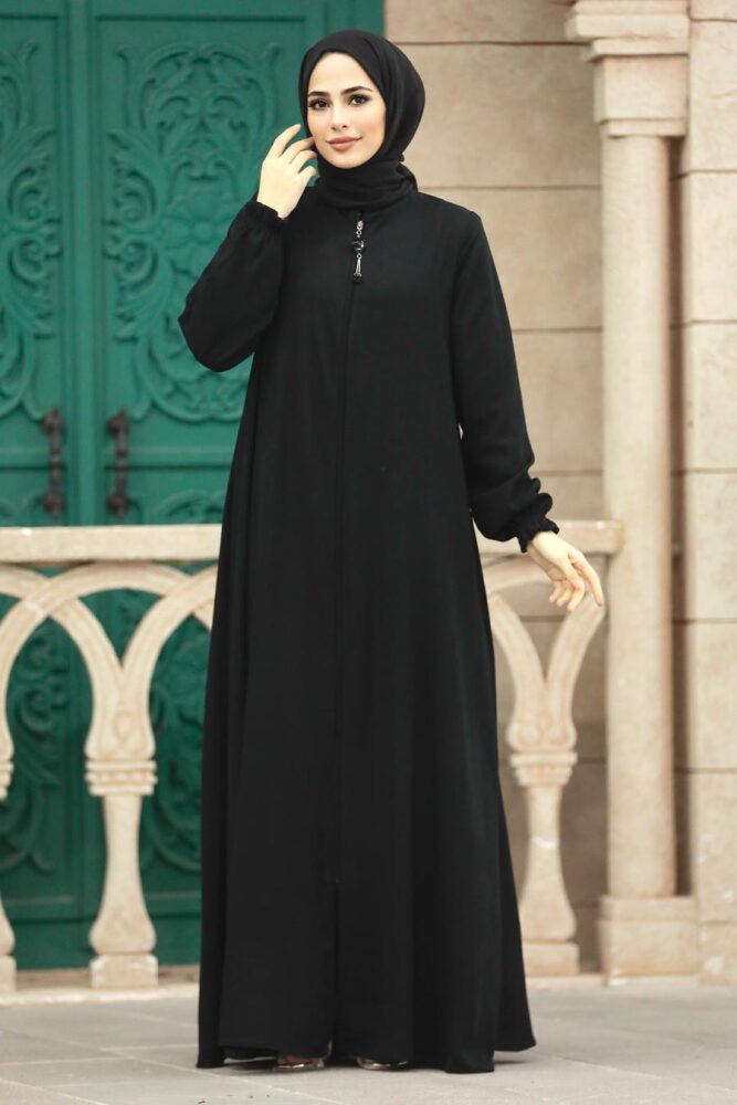 Neva Style - Fermuarlı Siyah Tesettür Ferace 35164S - 4