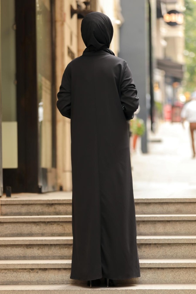 Neva Style - Fermuarlı Siyah Tesettür Ferace 5748S - 2