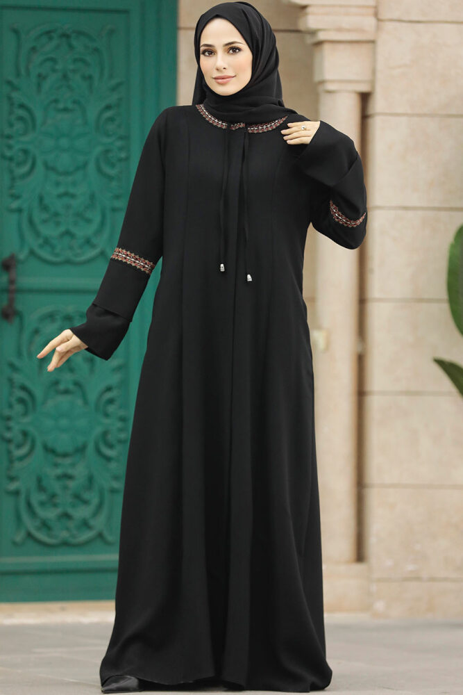 Neva Style - Fermuarlı Siyah Tesettür Ferace 62104S - 2
