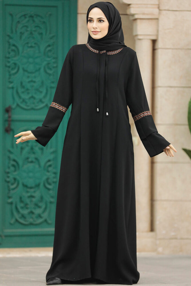 Neva Style - Fermuarlı Siyah Tesettür Ferace 62104S - 3