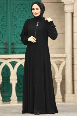 Neva Style - Fermuarlı Siyah Tesettür Ferace 62212S - 4