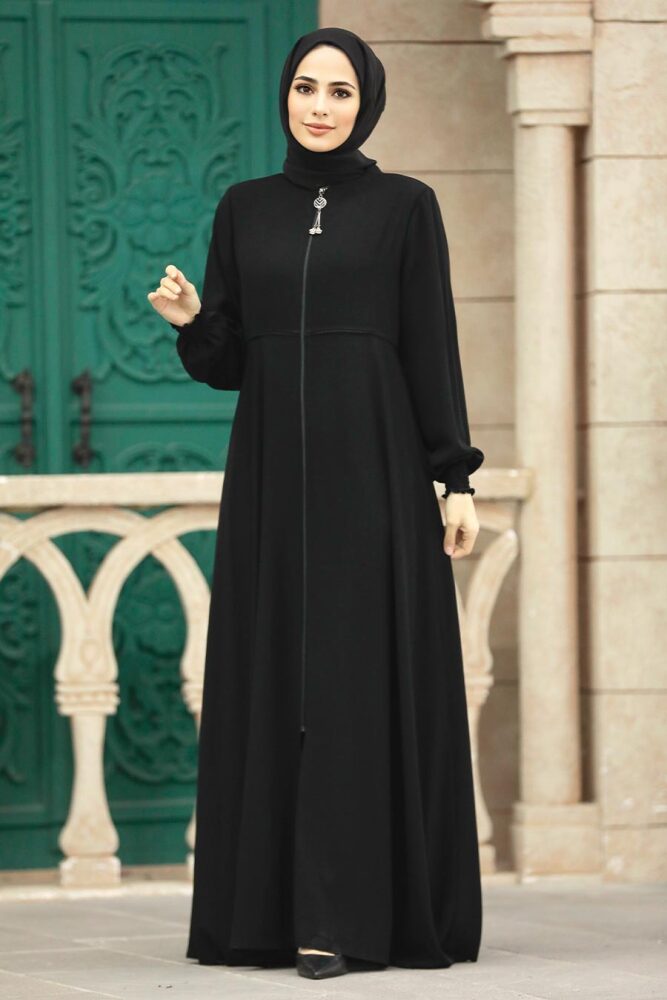 Neva Style - Fermuarlı Siyah Tesettür Ferace 62212S - 2