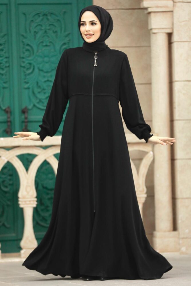 Neva Style - Fermuarlı Siyah Tesettür Ferace 62212S - 1
