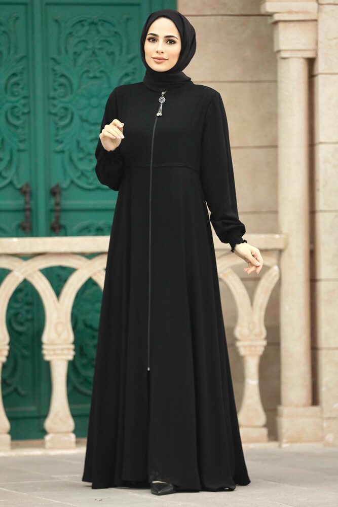 Neva Style - Fermuarlı Siyah Tesettür Ferace 62212S - 3