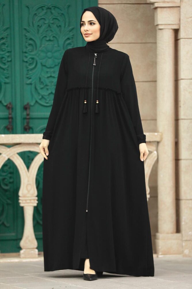 Neva Style - Fermuarlı Siyah Tesettür Ferace 62315S - 1