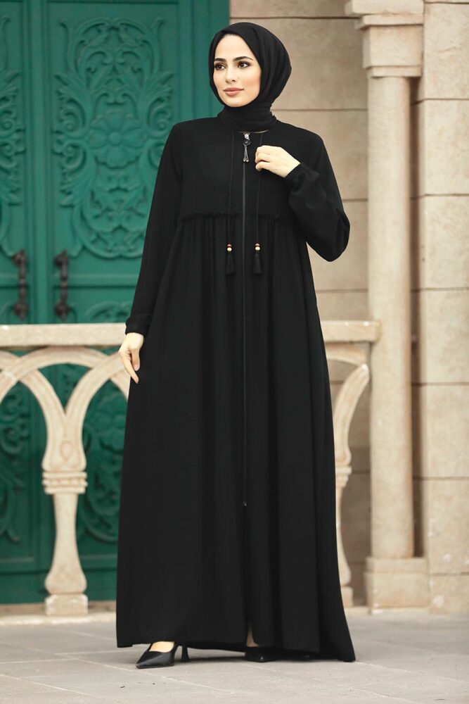 Neva Style - Fermuarlı Siyah Tesettür Ferace 62315S - 2