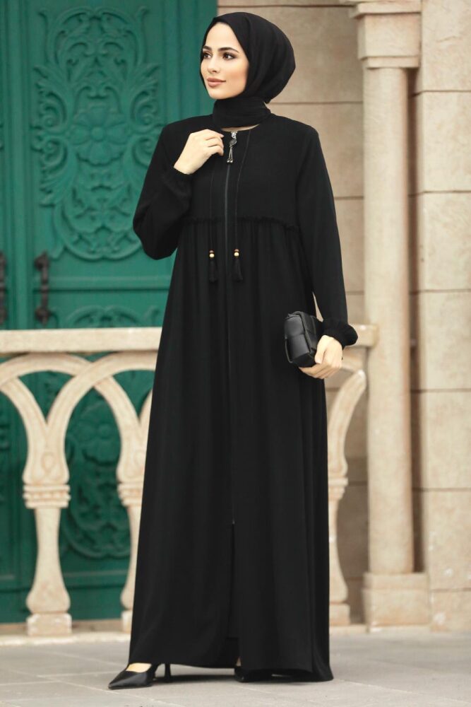 Neva Style - Fermuarlı Siyah Tesettür Ferace 62315S - 4