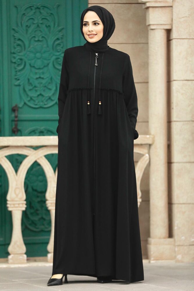Neva Style - Fermuarlı Siyah Tesettür Ferace 62315S - 3