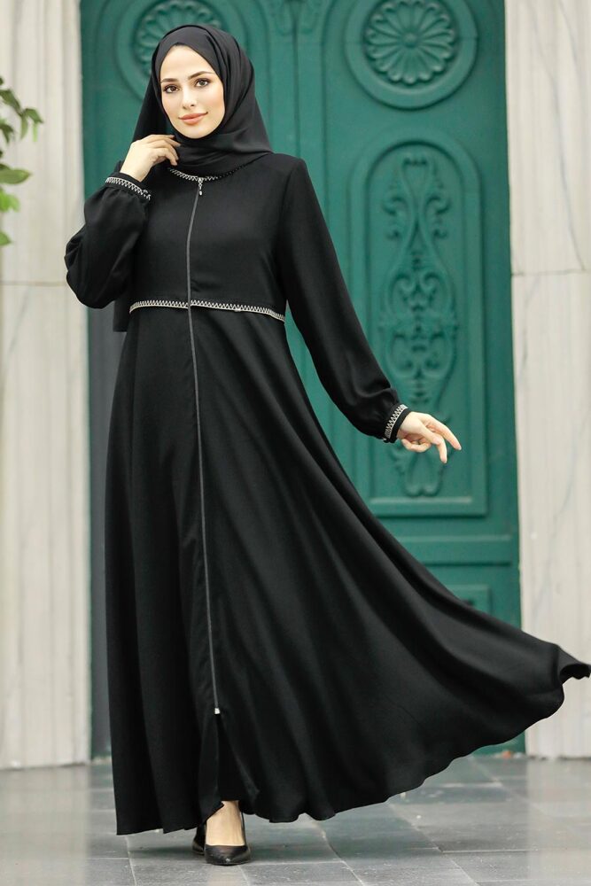 Neva Style - Fermuarlı Siyah Tesettür Ferace 62532S - 2
