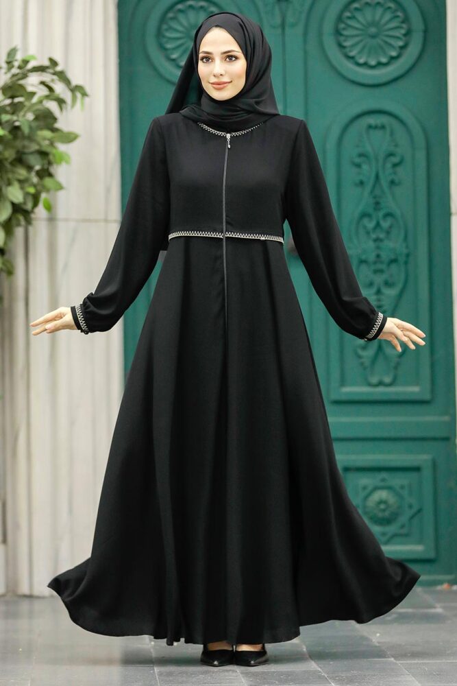 Neva Style - Fermuarlı Siyah Tesettür Ferace 62532S - 3
