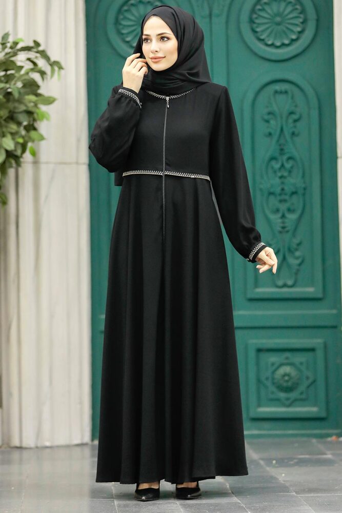 Neva Style - Fermuarlı Siyah Tesettür Ferace 62532S - 4