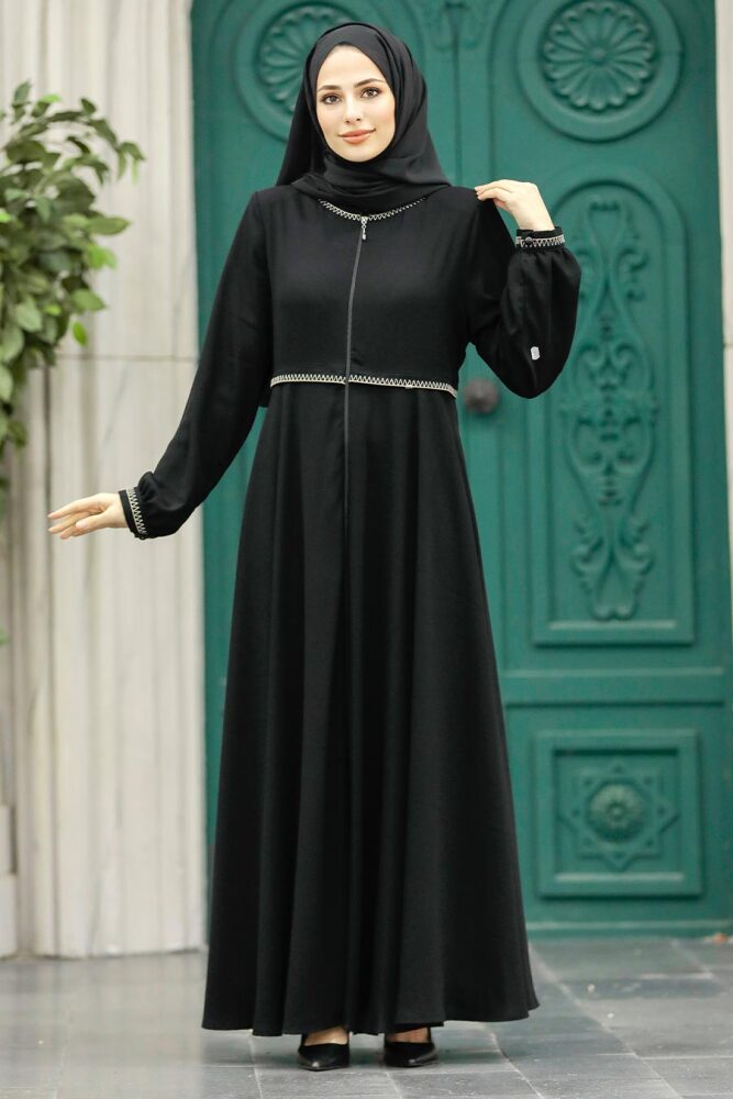 Neva Style - Fermuarlı Siyah Tesettür Ferace 62532S - 1