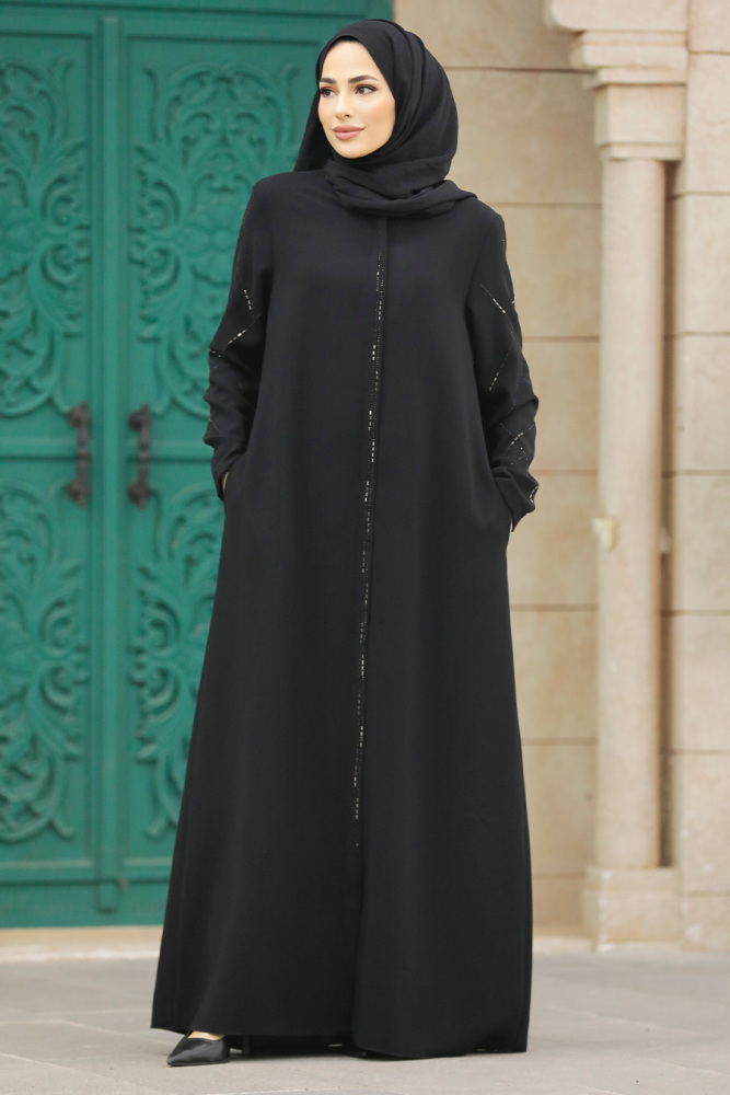 Neva Style - Fermuarlı Siyah Tesettür Ferace 625S - 2