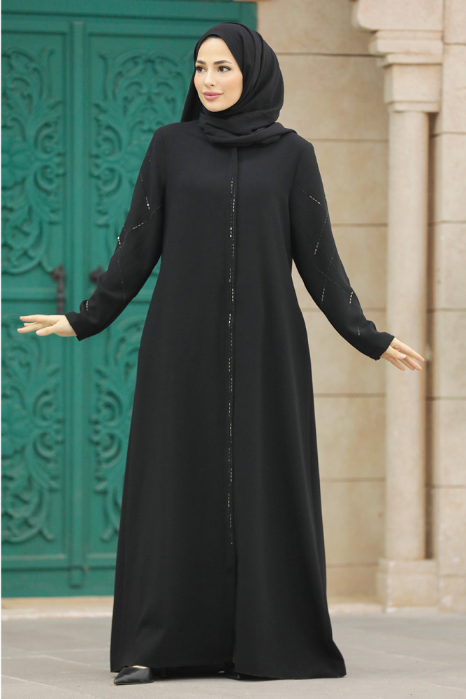 Neva Style - Fermuarlı Siyah Tesettür Ferace 625S - 3