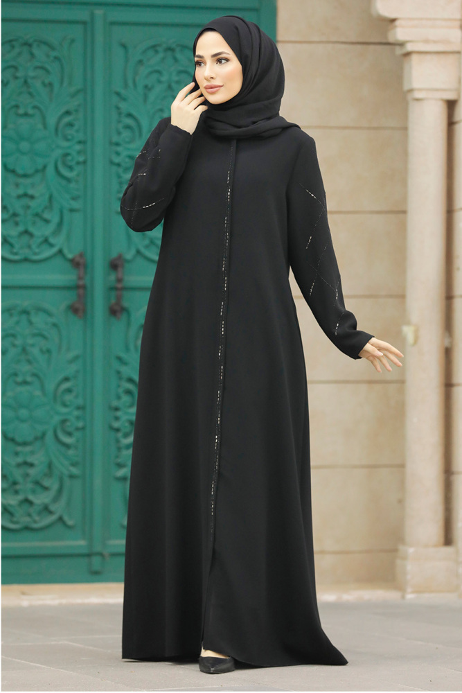 Neva Style - Fermuarlı Siyah Tesettür Ferace 625S - 5