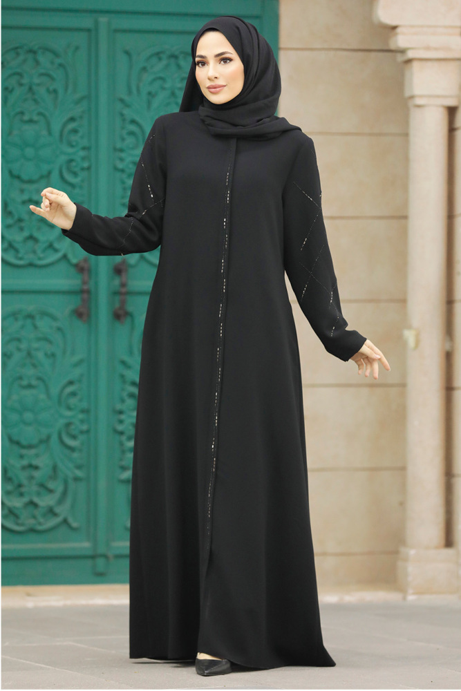 Neva Style - Fermuarlı Siyah Tesettür Ferace 625S - 1